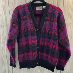 Vintage 90s Cardigan Sweater Raspberry-Teal Le MODA Knitwear Mohair Wool Med